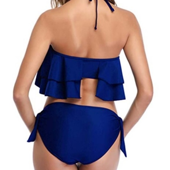 BeachQueen Ruffle Top Halter Bikini - Blue - Picture 2 of 3